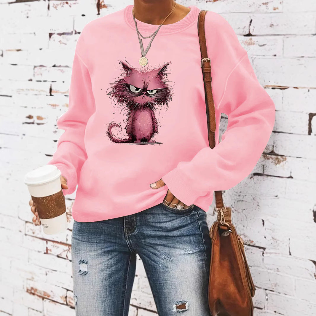 Damen Sweatshirt Katzenmotiv Baumwolle Weiß - Norvielle
