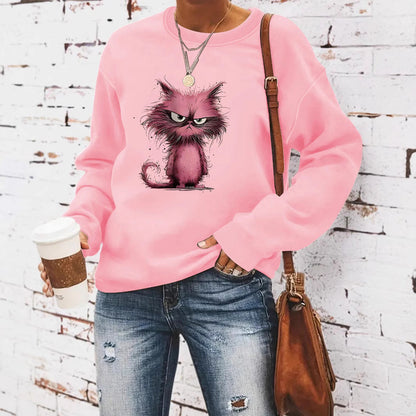 Damen Sweatshirt Katzenmotiv Baumwolle Weiß - Norvielle