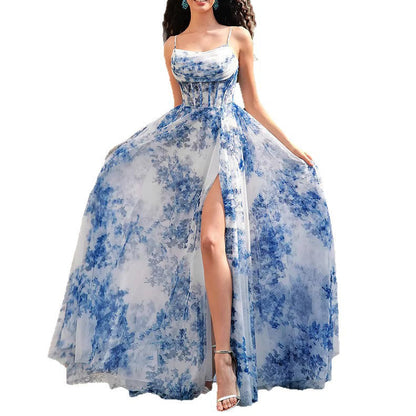 Damen Maxikleid Florales Muster Schwingender Rock