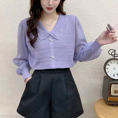 Damen Bluse Spitzenkragen Dekorative Knöpfe