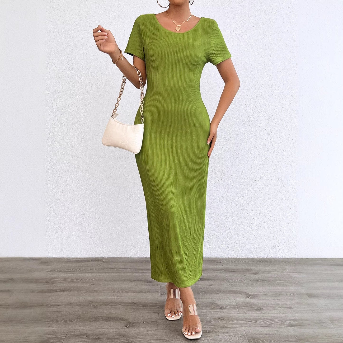 Damen Maxikleid Rippstrick Figurbetonend Kurzärmelig