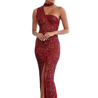 Damen Abendkleid Paillettenbesatz Hochschlitz Norvielle
