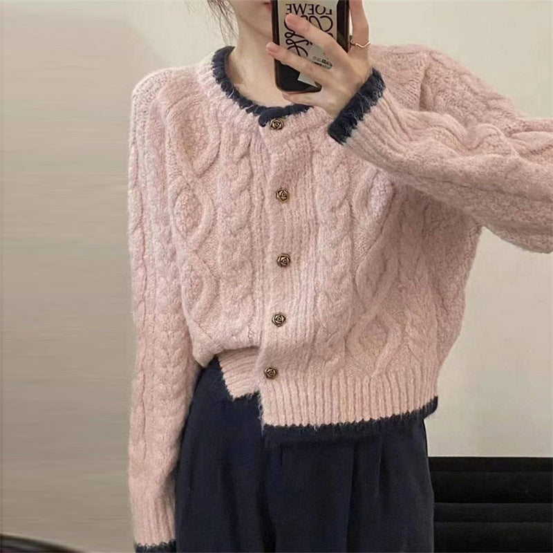 Damen Grobstrickjacke Zopfmuster Dekorative Knöpfe Norvielle