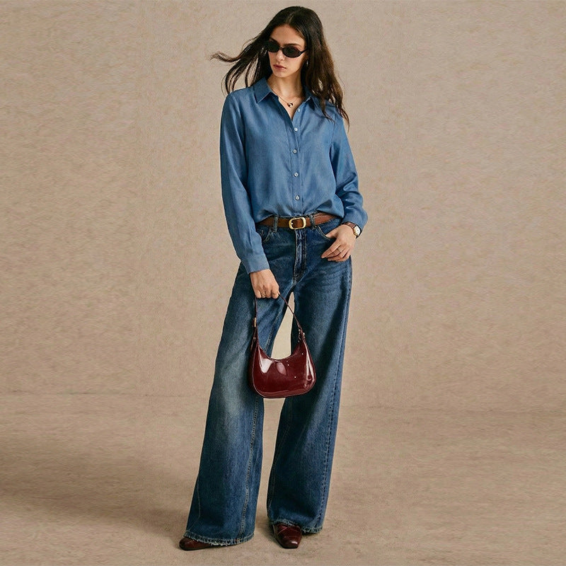 Damen Denim-Bluse Klassisch Knopfleiste