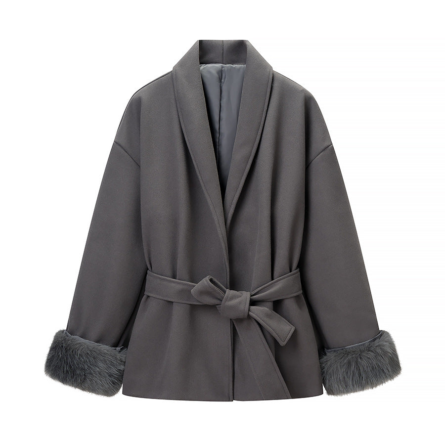 Damen Modische Jacke Weichgefütterter Kragen Bindegürtel Norvielle