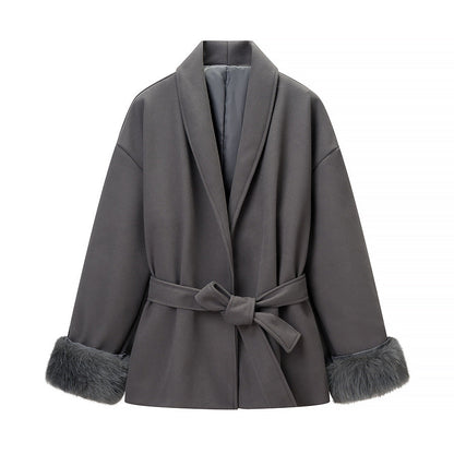 Damen Modische Jacke Weichgefütterter Kragen Bindegürtel Norvielle