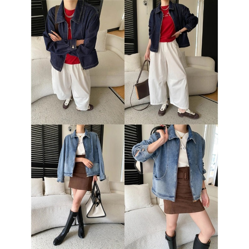 Damen Oversized Denim-Jacke mit Taschen und dezenten Details