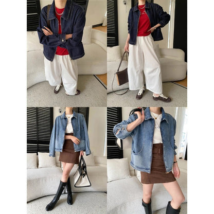 Damen Oversized Denim-Jacke mit Taschen und dezenten Details
