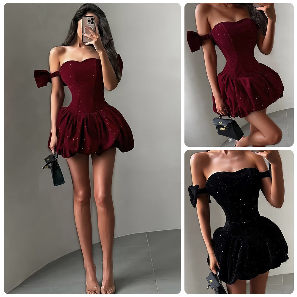 Damen Cocktailkleid Schulterfrei Glitzernd Voluminöser Rock - Norvielle