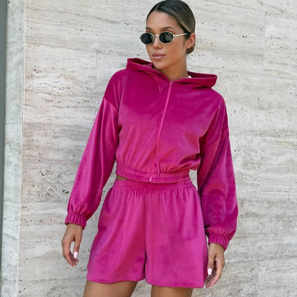 Damen Velours Loungewear Set mit Reißverschluss Elastisch