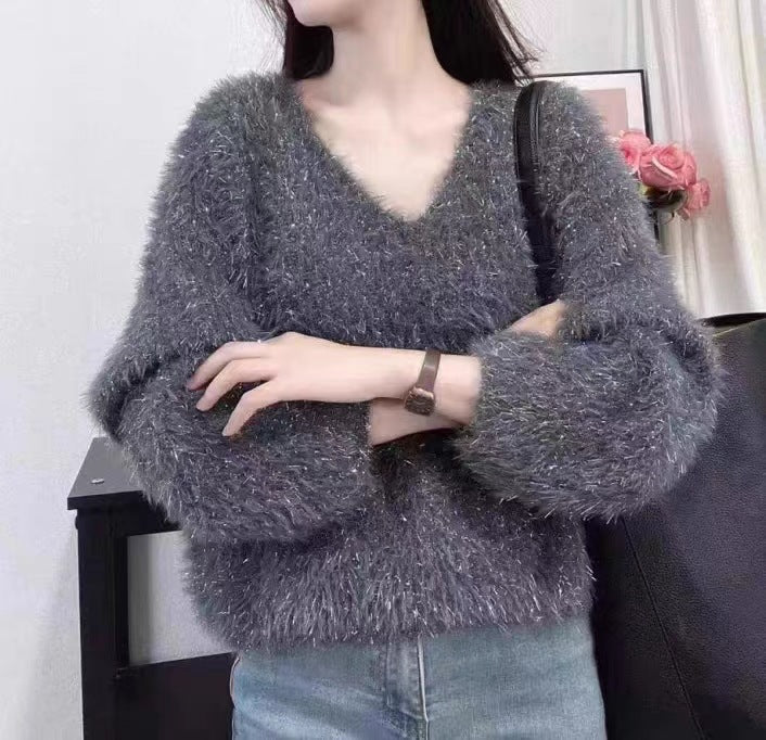 Damen Pullover V-Ausschnitt Glitzerfaden Norvielle