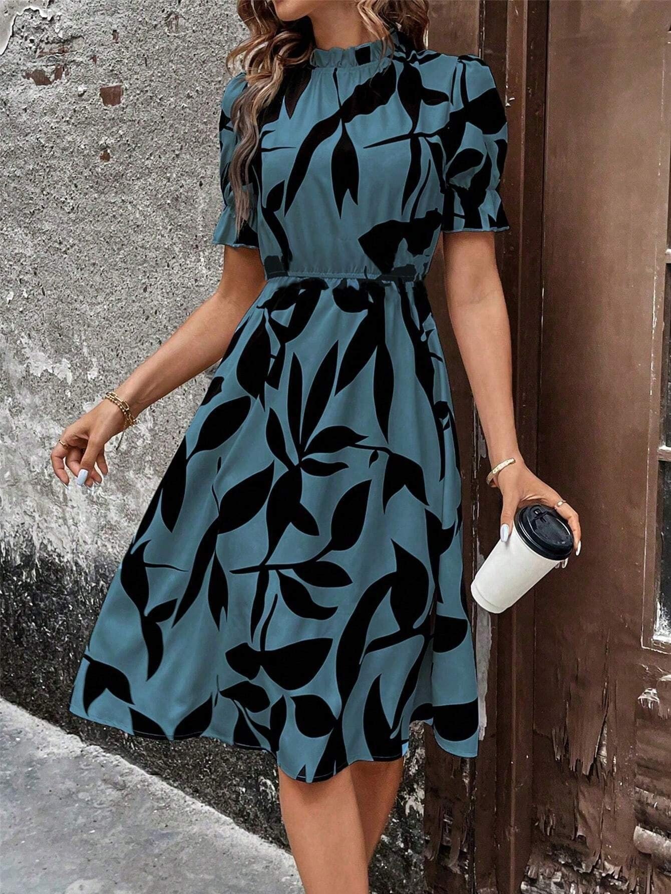 Damen Midi-Kleid Pflanzenmuster Gummizug