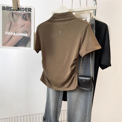 Damen T-Shirt Stehkragen Rüschendetail Figurbetont - Norvielle