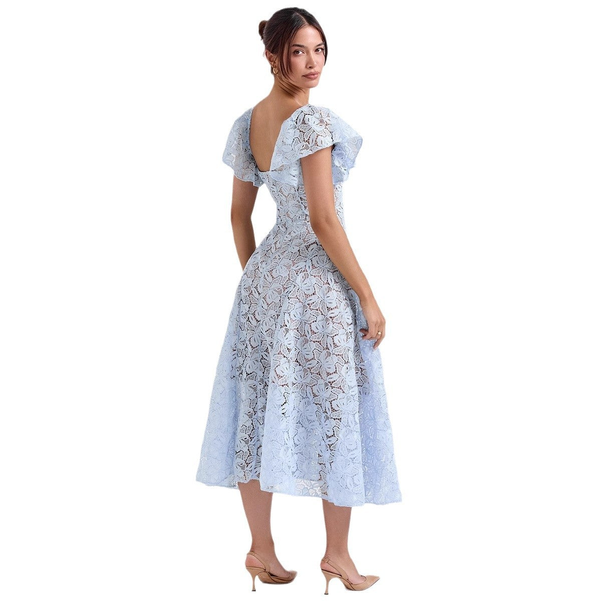 Damen Maxikleid Spitze Rüschen Herzausschnitt