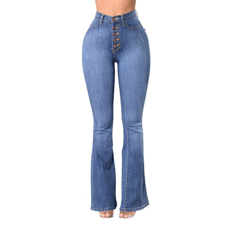 Damen Highwaist Flare Jeans Dekorative Knöpfe Norvielle