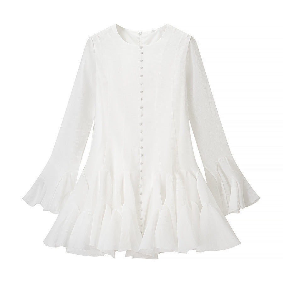 Damen Volantkleid Langer Ärmel Knopf Norvielle