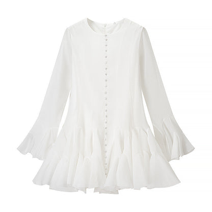 Damen Volantkleid Langer Ärmel Knopf Norvielle