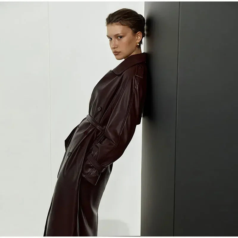 Damen Trenchcoat Kunstleder Mit Gürtel