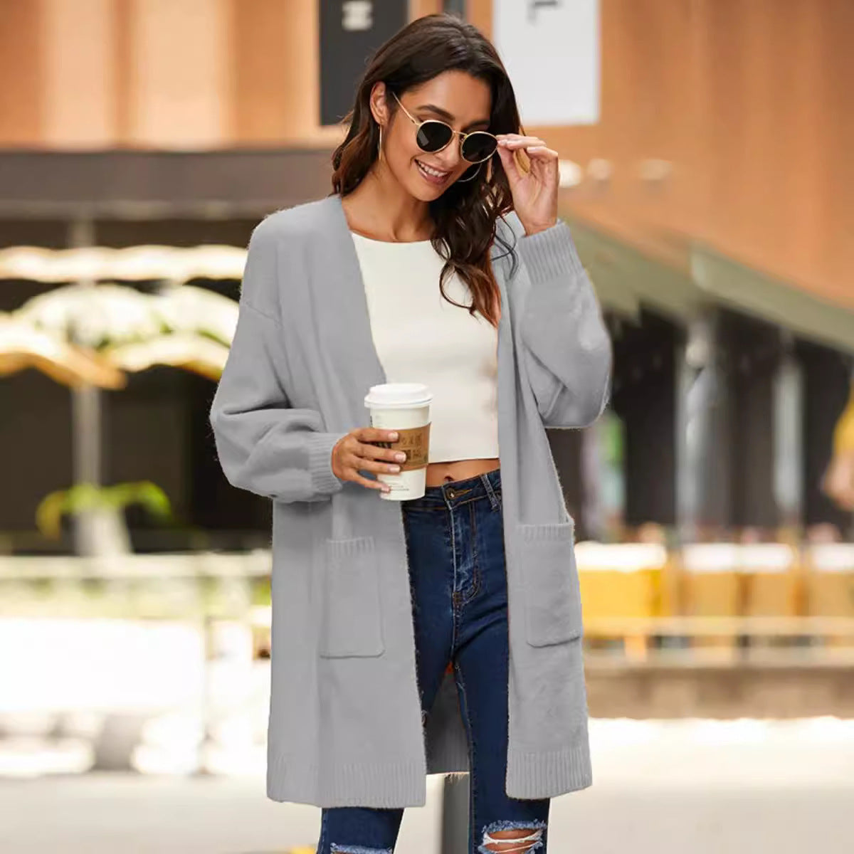 Damen Cardigan Grobstrick Weite Ärmel Tiefen Taschen Norvielle