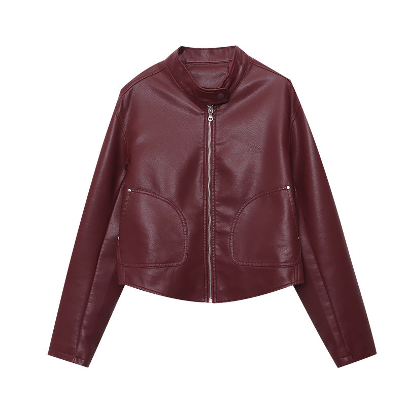 Damen Kunstlederjacke Stehkragen Praktische Taschen