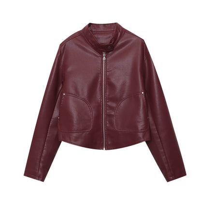 Damen Kunstlederjacke Stehkragen Praktische Taschen