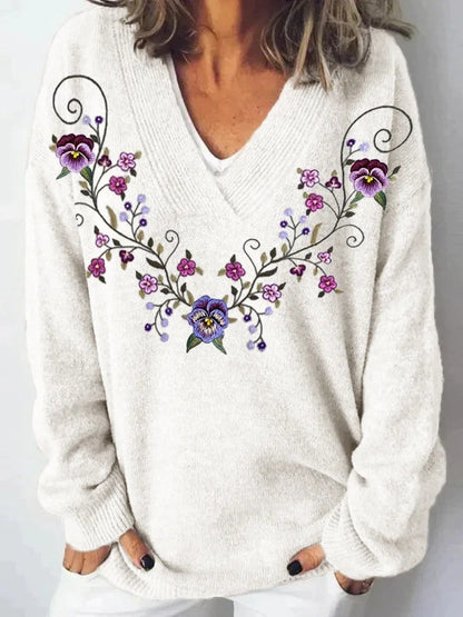 Damen Pullover V-Ausschnitt Floralmuster Lässig Norvielle