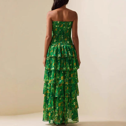 Damen Maxikleid Langärmlig Voluminöse Rüschen Florales Design