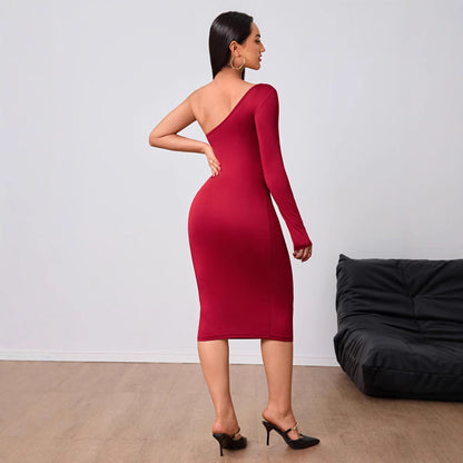 Damen Cut-Out-Midi-Kleid Asymmetrisch Langärmlig Norvielle