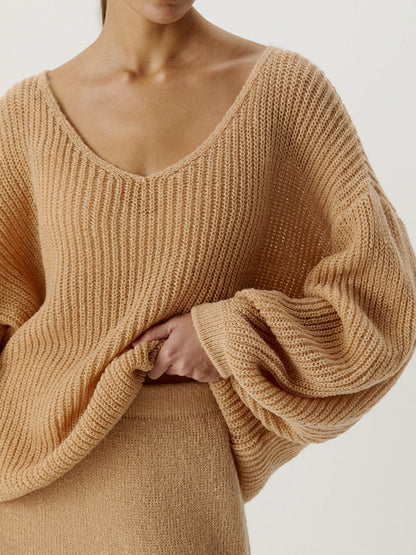 Damen Strickpullover V-Ausschnitt Voluminöse Ärmel Norvielle