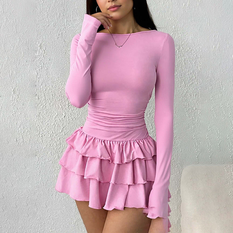 Damen Mini-Kleid Voluminöser Rüschensaum Langer Arm