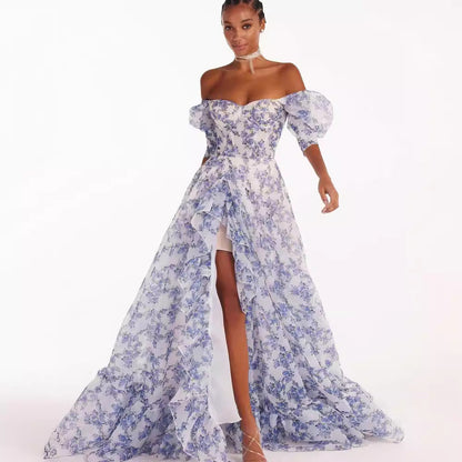 Damen Maxikleid Schulterfrei Florale Rüschendetails