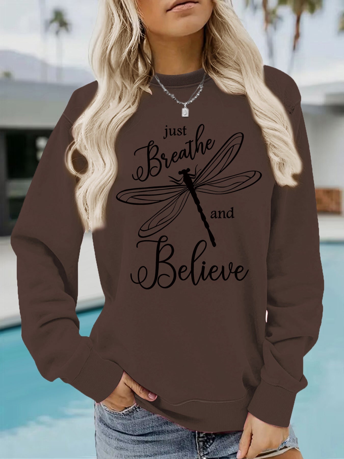Damen Sweatshirt Drachenfliegen-Motiv Lässiger Schnitt Grau