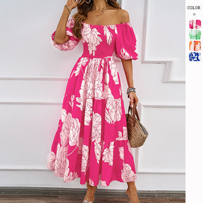 Damen Off-Shoulder Maxikleid Voluminöse Ärmel Print Norvielle - Norvielle