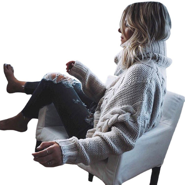Damen Grobstrickpullover Weiter Rollkragen Zopfmuster
