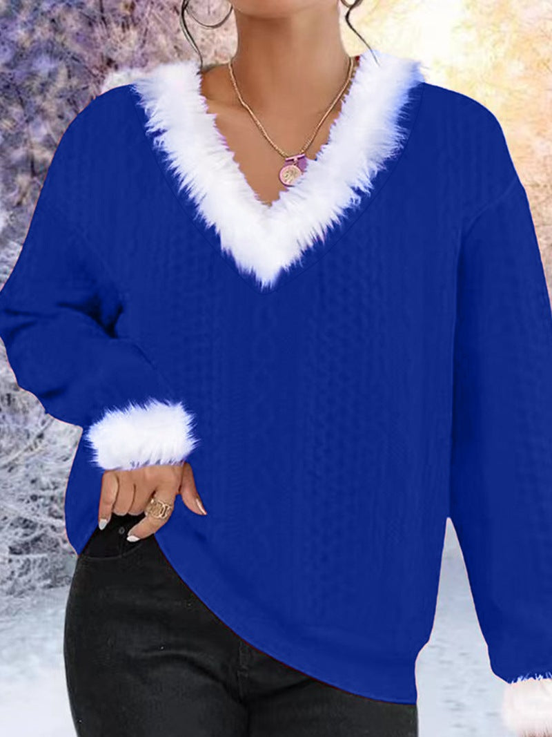 Damen Strickpullover V-Ausschnitt Kontrastpelzbesatz Norvielle