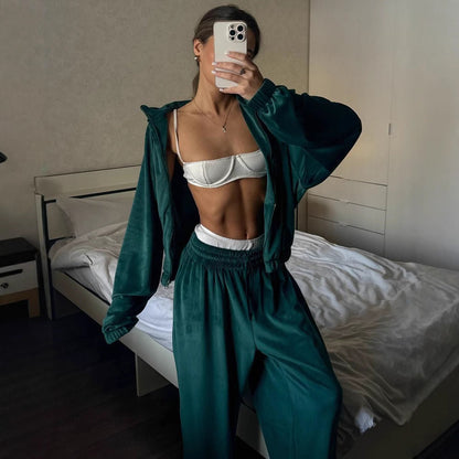 Damen Velours Jogginganzug mit Reißverschluss und Gummizug