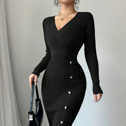 Damen Wickelkleid Strick Norvielle Dekorative Knöpfe