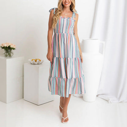 Damen Sommerkleid Rüschendetails Bunt Streifenmuster