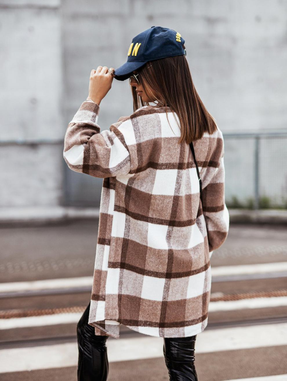 Damen Karierter Overshirt-Jacke Lässig Mit Taschen Norvielle