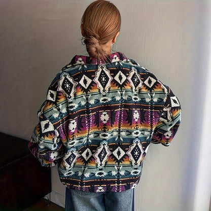 Damen Fleecejacke Bunt Ethno-Muster Weich Norvielle