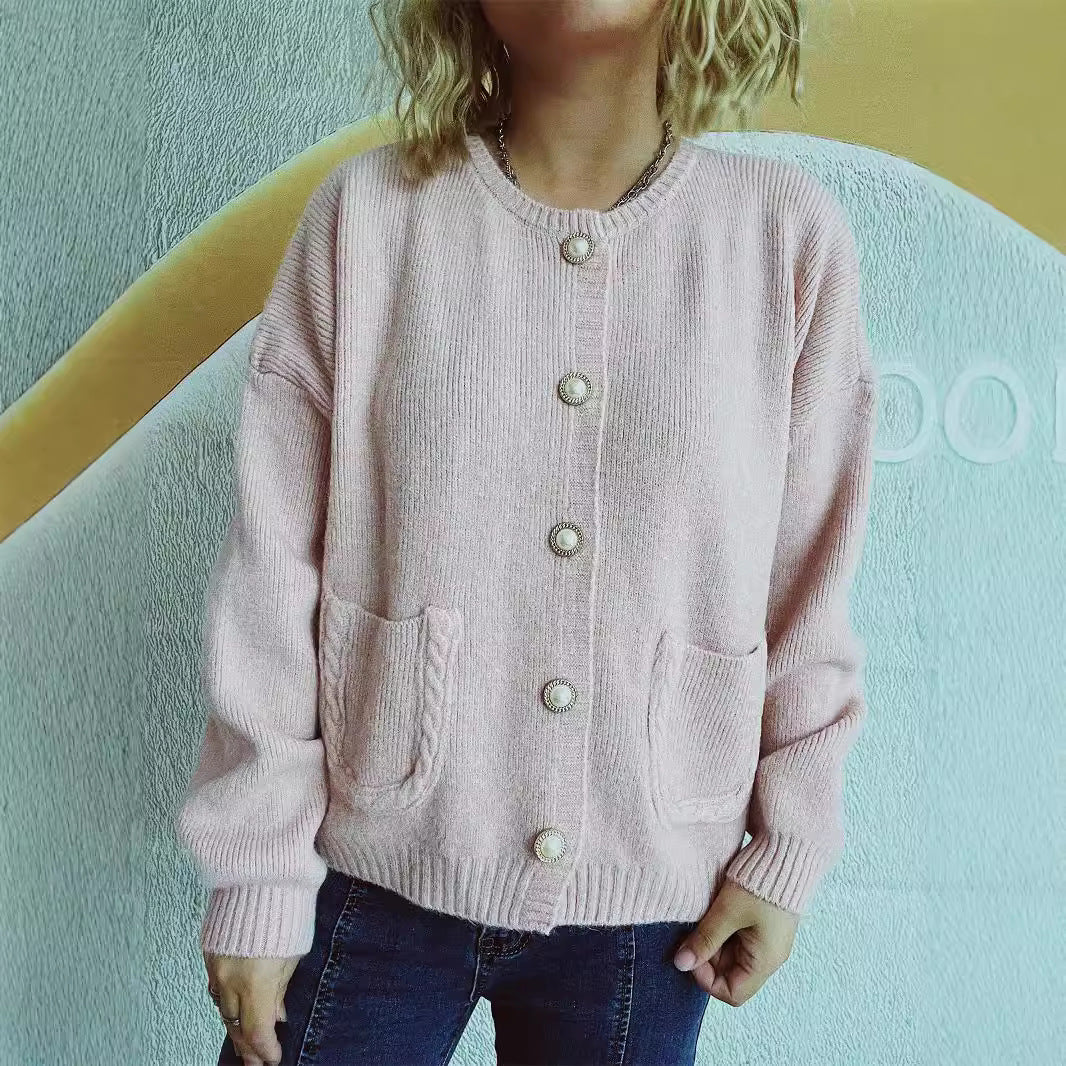 Damen Strickjacke mit Perlenknöpfen und Taschen