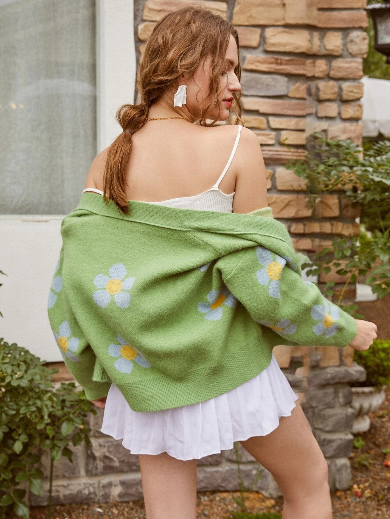 Damen Cardigan Grobstrick Floralmuster Knöpfe Beige