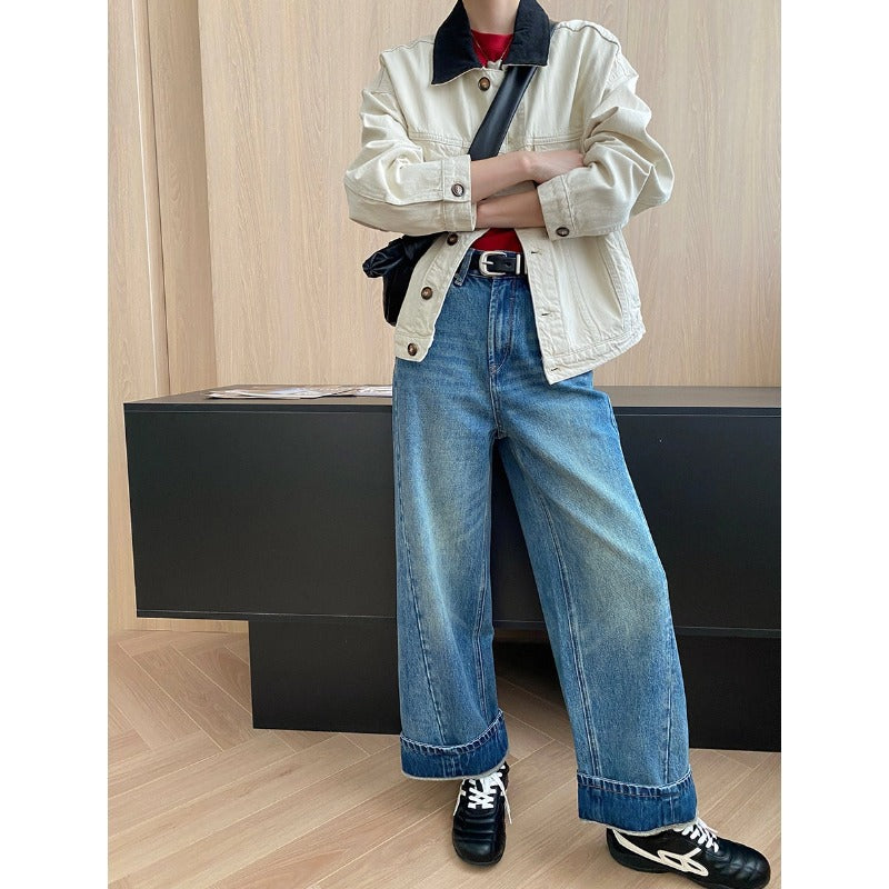 Damen Jeansjacke Lässig Kontrastkragen Große Taschen