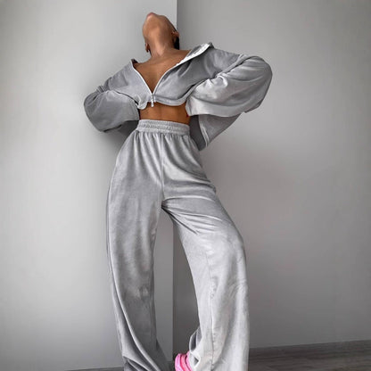 Damen Fleece-Set Hochgeschlossener Reißverschluss Weite Beine - Norvielle