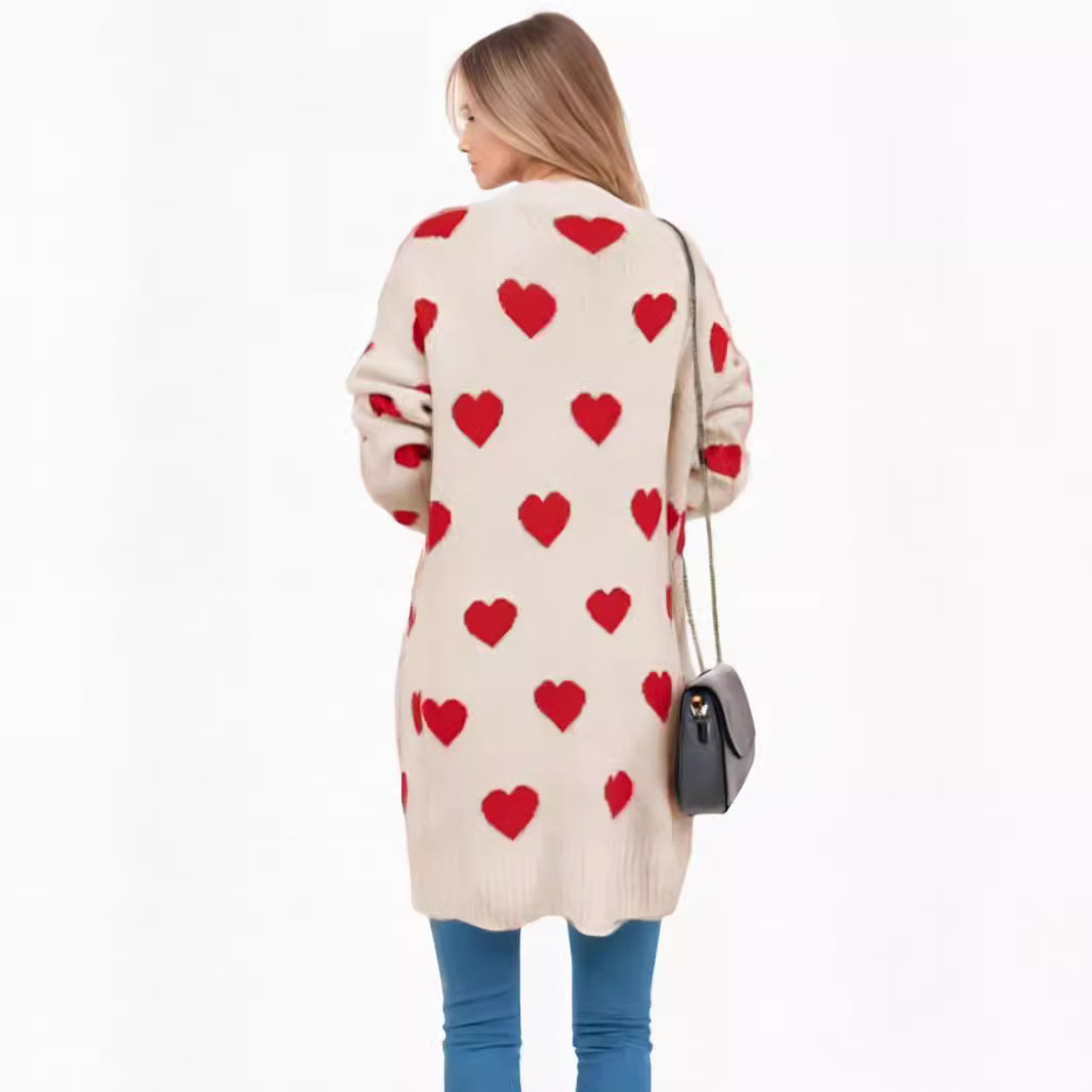 Damen Strickjacke Herzdesign Modisch Länglich