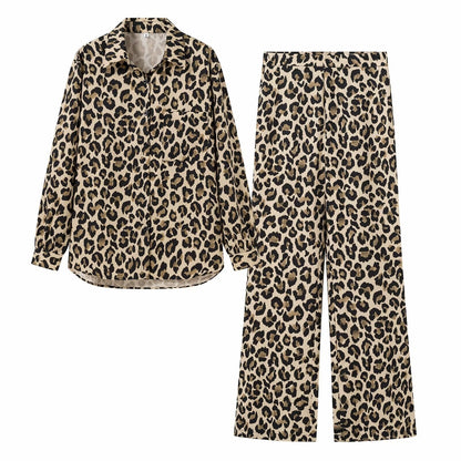 Damen Leinenhose Leopardenmuster Weite Bein