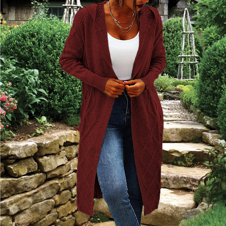 Damen Strickcardigan Lang Hochkragen Zopfmuster Norvielle