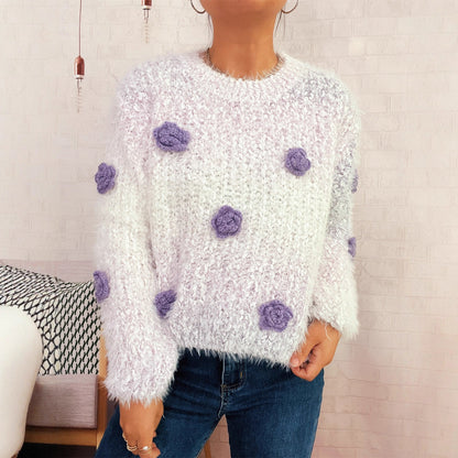 Damen Strickpullover Kuschelig Floralmuster Beige