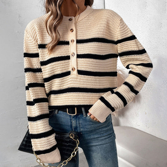 Damen Strickpullover Lässig Gestreift Mit Knöpfen Beige - Norvielle