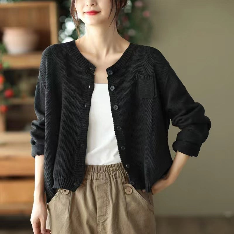 Damen Strickcardigan Leicht Knöpfe Taschen Beige